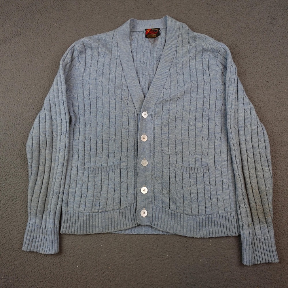 Vintage Cabot Sweater Mens Medium Blue Cable Knit Cardigan Made Taiwan ROC